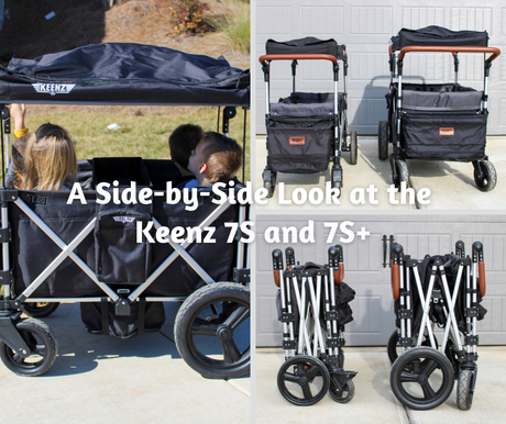 black Keenz stroller wagon with 4 kids riding and two different sizes of stroller in compact and fully open modes