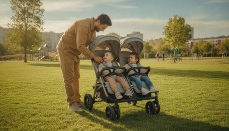 Parent securing children in a stroller wagon at a park