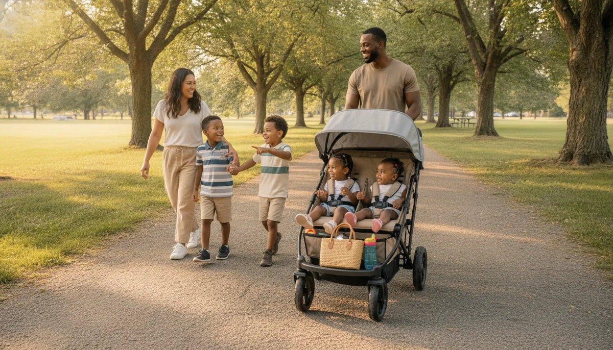 Parents walking with two children seated in a stroller wagon on a park path