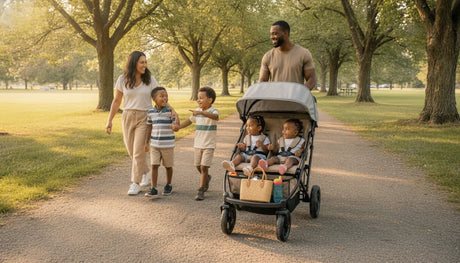 Parents walking with two children seated in a stroller wagon on a park path