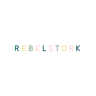 the word Rebelstork with an alternation of blue yellow green and pink letters on a plain background